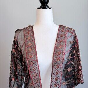 Vintage 100% Silk Cardigan Open Sheer Boho Luxe Evening Layer Black Women's M